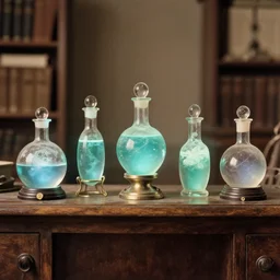 five separate glowing potions on a wooden shelf, magical potions, fantasy history, 1 2 century photograph captured in an office