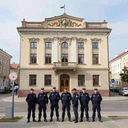 by william henry hunt ornamented. the experimental art of a police station in the lithuanian city of vilnius. in the foreground, a group of policemen are standing in front of the building, while in the background a busy street can be seen.