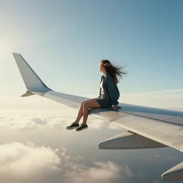 surreal photorealistic scene of a girl sitting on the wing of a flying airplane, side view, wide shot, very windy, sunny morning light, 4 k, hyperrealism, hdr, volumetric lighting, cinematic composition