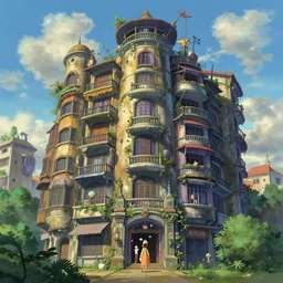stunning photo of a solarpunk vietnamese apartment building by makoto shinkai and studio ghibli, and tim burton