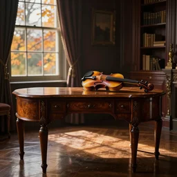 one violin on an antique wooden desk in a richly decorated Victorian house, beautiful reflexions, detailed wooden table, photorealistic, photorealism, the autumn light comes in through a window, diffuse light, octane render