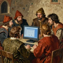 a painting of a medieval era group of people looking at a computer in the style of diego velazquez