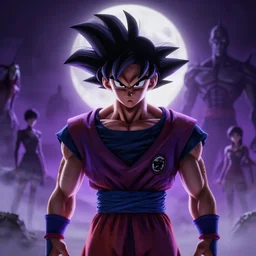 full shot portrait of angry darkness Goku in super saiyan at moonlight, inspired by Tim Burton, Norihiro Yagi, Marc Simonetti, Amano, Juri Misaki, Giger, darkness background, detailed, unreal engine 4k volumetric light, fog, purple color palette
