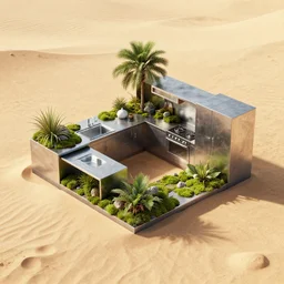 a island kitchen oasis made of rectangle tetris, made of steel and moss and oasis, octane render, trending on artstation, on hard desert sand floor