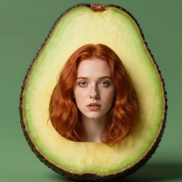 red headed young woman inside a giant avocado
