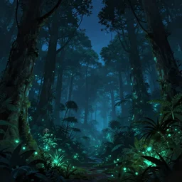 wide jungle of towering trees and bioluminescent plants, night scene, stars in the sky, calm glowing jungle, matte painting, artstation, digital art