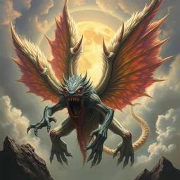 concept art of giant mutant fairy attack, lovecraftian, lots of teeth, melting horror, wings made of fluffy feathers, round moon, rich clouds, fighting the horrors of the unknown, high resolution, very detailed, roaring, volumetric light, mist, grim, fine art, decaying, textured oil over canvas, epic fantasy art, very colorful, ornate