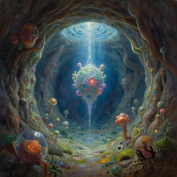fantasy oil painting, portal from metaverse to hidden underground place with microscopic magic world, art by brothers hildebrandt, book cover illustration, sharp focus, extremely detailed