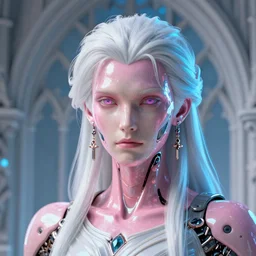 3d octane close-up high quality render of gothic cyborg man with white hair and pearlescent pink skin key sage wayne barlowe very soft blue neon lighting on one side wide angle 35mm shallow depth of field 8k