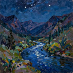 Realist colorful impasto painting of the Salmon River mountain valley at midnight by John Harris, stars in the inky sky reflect on the dark blue river surface, 4k scan, oil on canvas, visible brushstrokes