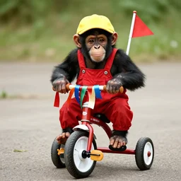 a cheeky little chimpanzee wearing red dungarees and a yellow baseball cap riding a tricycle with ribbons on the handlebars and a triangle shaped flag on the back