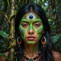 the ayahuasca vine plant spirit mixed with the face of a beautiful indigenous woman with a third eye in the jungle, face painted in green, snake skin, fractals, beautiful colors, matte painting, by christophe vacher