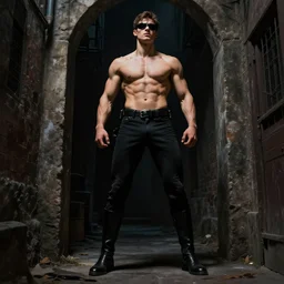 wide shot low angle hyper realist detailed elegant renaissance portrait painting of slim handsome bodybuilder vigilante edgy cool superhero!!, full figure!!!, coming out of the shadows in a dark alley by artgerm and greg rutkowski, sharp focus, unreal engine 5
