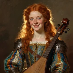 fantasy portrait of a happy young women looking with red hair and freckles, slight smile, renaissance colorful dress, leather armor, music instrument in hand, backlit, digital painting by William-Adolphe Bouguereau, photoshop, trending on Artstation, sfw