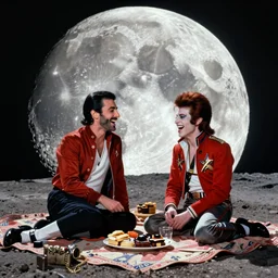 color photography of Freddy mercury and David bowie laughing while having a picnic on the moon