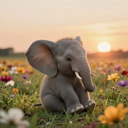 cute little elephant sitting at flower field, from behind, brom back photo, sunset, photo realistic, hd, detailed, national geographic magazine