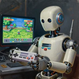 an elaborate robot holding a retro game controller in its hand, on screen video game shown in background, intricate details, hyperrealistic oil painting on canvas, deep depth field, hd, hdr, 4 k, 8 k, by gerardo dottori and simon stalenhag, oil on canvas