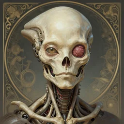 asymmetrical!! portrait of an alien with bones and guts forming its face, machine face, intricate, elegant, highly detailed, digital painting, artstation, concept art, smooth, sharp focus, illustration, art by artgerm and greg rutkowski and alphonse mucha, horizon zero dawn 8 k,