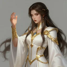picture of a priestess channelling a vengeful spirit onto herself, brunette, white robes, golden accessories, high fantasy, dnd, extremely detailed, smooth, sharp focus, digital illustration, by rossdraws, frank franzzeta, sakimichan