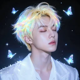 harmony glowing neon tiny butterfly stars, mute, portrait, closed eyes, humanoid blonde male yoongi lion, wearing white fantasy, rainbow hair overlay, beautiful lit, dark background, highly detailed, fantasy art by wlop, craig mullins, thomas kinkade