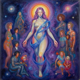 a beautiful painting of a feminine cosmic dmt entity of the upper planes by mynameistran and artgerm and wlop and loish and alex grey and wlop and wes anderson and spike jonze, trending on artstation, full body, loving and forgiving, wrapped in cosmic infinity