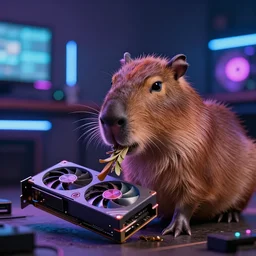 cute capybara eating a neon nvidia gpu, chewing on a graphic card, cyberpunk, wildlife photography, bokeh, sharp focus, 3 5 mm, taken by sony a 7 r, 4 k, award winning