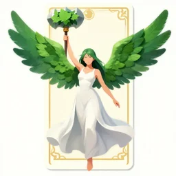a girl with wings, holding up a mace. green leaves instead of feathers. concept art by muggur, flowing white dress, smooth, sharp focus, artstation contest winner, fantasy, 2 d game, tarot card