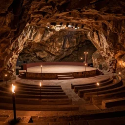 amphitheater inside a cave with a stage and stone steps, lit by torch lights, surrounded by tiki torches