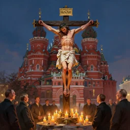 ukrainian people crucifying vladimir putin in the middle of red square, lit by candles, digital painting, artstation, concept art, craig mullins, breathtaking, 8 k resolution, extremely detailed, beautiful, establishing shot, artistic, hyperrealistic, octane render, cinematic lighting, dramatic lighting, masterpiece, light brazen, extremely detailed and beautiful face