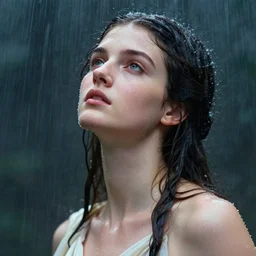 portrait of beautiful greek goddess, looking up in pouring rain, by terry o'neill intricate, elegant, highly detailed, digital painting, glistening skin, artstation, concept art, smooth, sharp focus, bold lighting, illustration, art by artgerm and greg rutkowski and alphonse mucha, 8 k