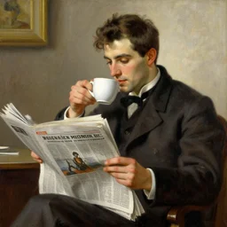 attractive man drinking coffee and reading newspaper, painting by gaston bussiere, craig mullins