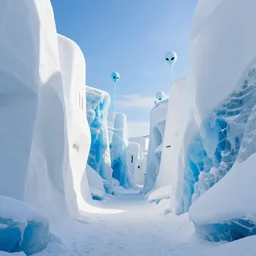 alien capital city featuring smooth white buildings, modern, blue ice antelope canyon winter scene backdrop, megalophobia, 4 k wallpaper, 3 3 mm photo