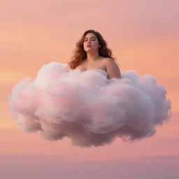 a beautiful curvy woman who looks like a cloud, photo - realistic, detailed, orange / pink sky, dreamy, surrealistic