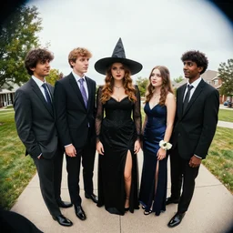 a witch goes to school prom, greg rutkowski, zabrocki, karlkka, jayison devadas, trending on artstation, 8 k, ultra wide angle, zenith view, pincushion lens effect