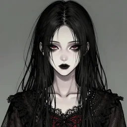 portrait of disheveled japanese goth girl, beautiful face, strong line, muted colors, filigreed clothing, moody lighting, high contrast, by brom, by brian froud
