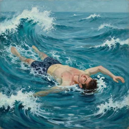 a painting of a man drowning in an ocean full of waves