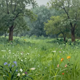 A grass field littered with trees and flowers , it is raining, digital art, oil painting