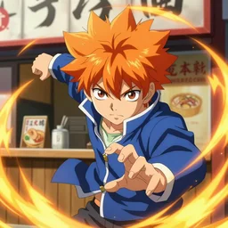 orange - haired anime boy, 1 7 - year - old anime boy with wild spiky hair, wearing blue jacket, battle aura, in front of ramen shop, strong lighting, strong shadows, vivid hues, raytracing, sharp details, subsurface scattering, intricate details, hd anime, high - budget anime movie, 2 0 2 1 anime