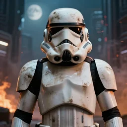 film still from star wars a telephoto headshot portrait of star wars dirty!! filthy!! grimy stormtrooper in a science fiction, cyberpunk city, smoke, fire, volumetric lighting, glamour pose, rim lighting, moonlit, cinematic, octane, 8 k