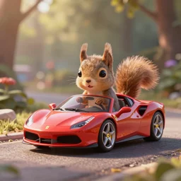 Cute tiny squirrel driving a modern Ferrari Pixar style