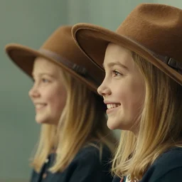 portrait of 2 3 - year - old woman with angle lost profile looking away, happy women, cinematic colors, medium yellow blond hair, brown hat, hair comes out of the hat a little, caracter look like angelina jolie