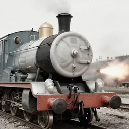 WW2 era photograph of Thomas-tank-engine-face on 800mm German artillery Dora firing off a shot