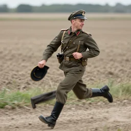 a german officer holding his officer cap, movement blur, he is running across a dirt field, taken on a ww 2 camera, realistic.