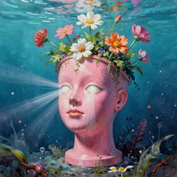 award winning masterpiece with incredible details, a surreal vaporwave vaporwave vaporwave vaporwave vaporwave painting by Thomas Cole of an old pink mannequin head with light beaming out of its eyes, flowers growing out of its head, sinking underwater, highly detailed, WOW
