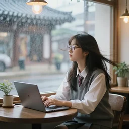 a beautiful young college teenager girl, glasses, sitting inside quaint korean hongdae cafe, with cafe and laptop, looking out window. rainy day by jeremy mann and alphonse mucha, photo realistic, dynamic lighting, windy, artstation, poster, dreamy, volumetric lighting, ethereal, 4 k, high detail
