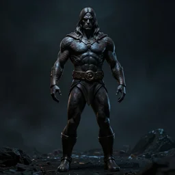 He-Man with a dark manner, centered fullest body character pose, atmospheric, dark and mysterious, shadowy and eerie character, ominous, cinematic, photorealistic, colored ZBrush render