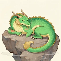 an illustration of a western style green dragon sleeping on a rock