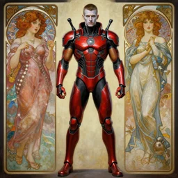 portrait of crossfit bodybuilder fitness muscular slim legs sprinter superboyprime!, futuristic detailed ornate cyberpunk costume!, red and black costume!!!, pale skin!, no logo!!!, painted art by tsuyoshi nagano, greg rutkowski, artgerm, alphonse mucha, spike painting