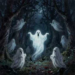 ghosts and ghouls at midnight in the forest. at night. night sky. digital painting. marc simonetti. dancing ghost ghoul. mysterious glow between the trees. greg rutkowski. scary. creepy. artstation.