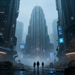 lone travelers walking through the remnants of a dystopian city, art deco architecture, ancient buildings, technological lights, screens, refined, fog, cyberpunk style, 8 k resolution, by hugh ferris and john smith and noriyoshi ohrai, polished, fine detail, intricate, blue color scheme, cyberpunk style, smooth, octane, concept art, trending on artstation